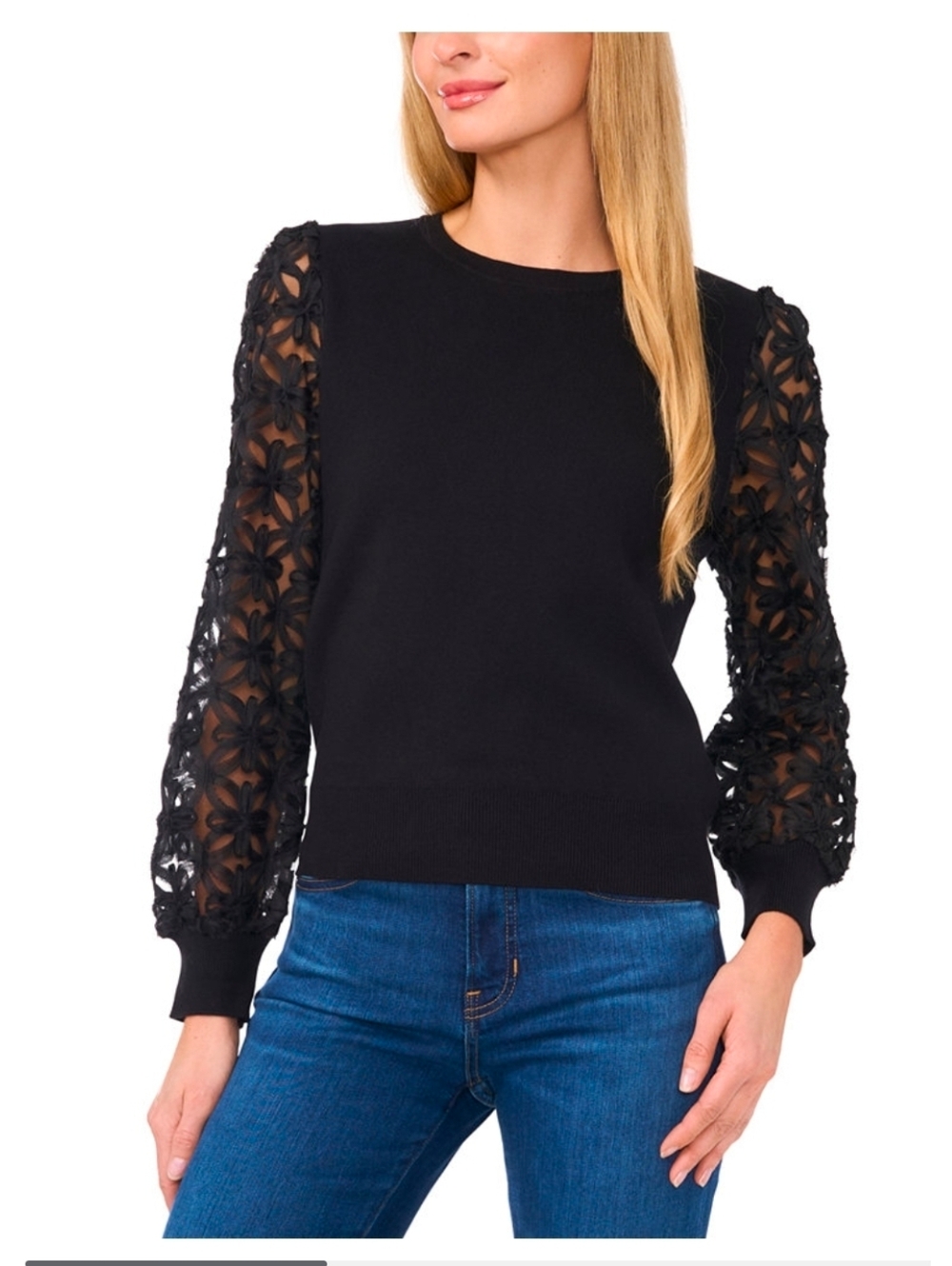 CeCe Black Lace Sleeve Sweater Mixed Media Balloon Sleeve Top  Floral
